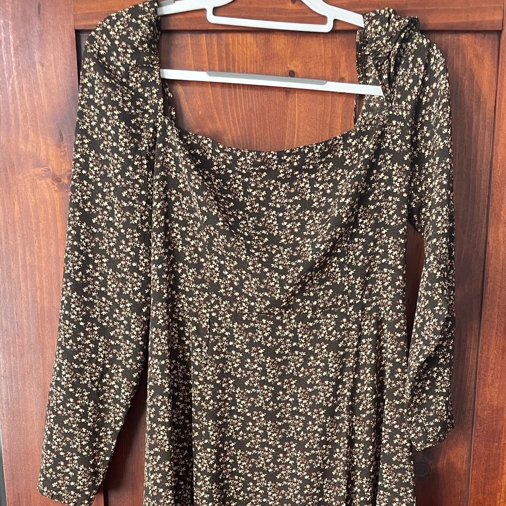 Brown and green floral midi dress with slit